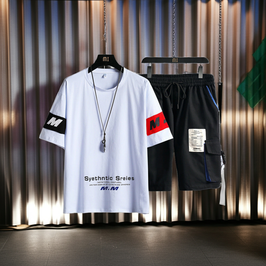 Summer Men's Sets Track Suit Mens Casual Loose Short-sleeved T-shirt Shorts 2-piece Sets Cotton Print Large Size